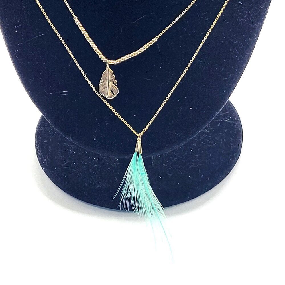 Double Layer Gold Chain Feather Pendant and Green Feathers 18in
